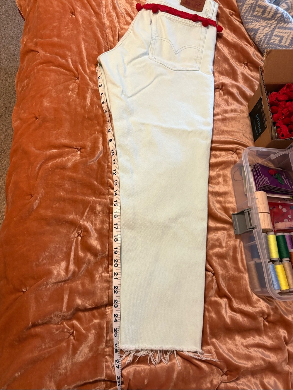 Light Green 100% Cotton High Waisted Ankle Jeans with Vintage Red Pom Trim - Picture 9 of 10